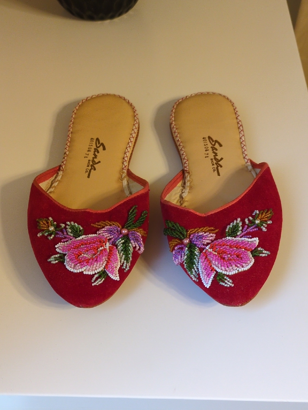 Women's Bead Floral Embroided Slip-On Mules